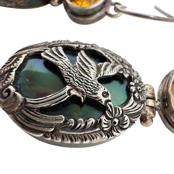Citrine Mop Shell Sterling Silver Bird Floral Earrings Gemstone Drops 18 Grams - Picture 10 of 11